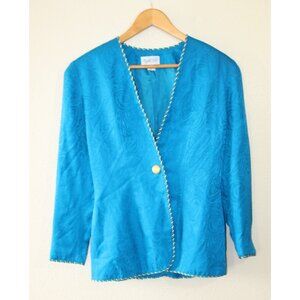 Papell Too Womens Blue Silk with Gold Trim Long Sleeve Jacket Blazer 4